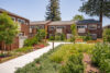 Path between the two story apartments buildings in the lush green grounds four wooden bench seats